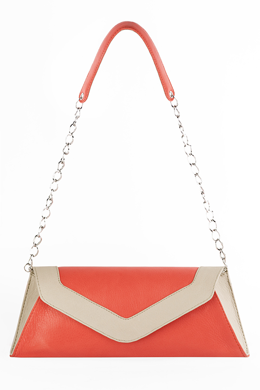 Champagne white and coral orange women's slingback shoes. Pointed toe. Medium slim heel. Worn view - Florence KOOIJMAN